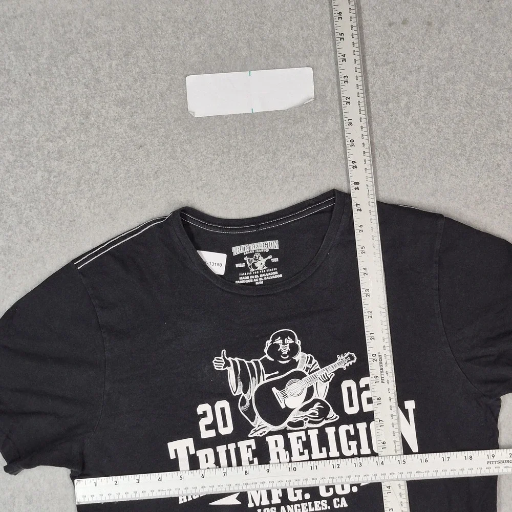 True Religion Men Shirt M/M Black Graphic Guitar Buddha Logo Short Sleeve